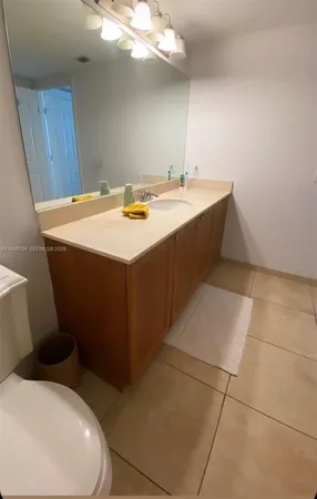 a bathroom with a sink a toilet and mirror