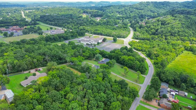 an aerial view of residential houses with outdoor space and trees