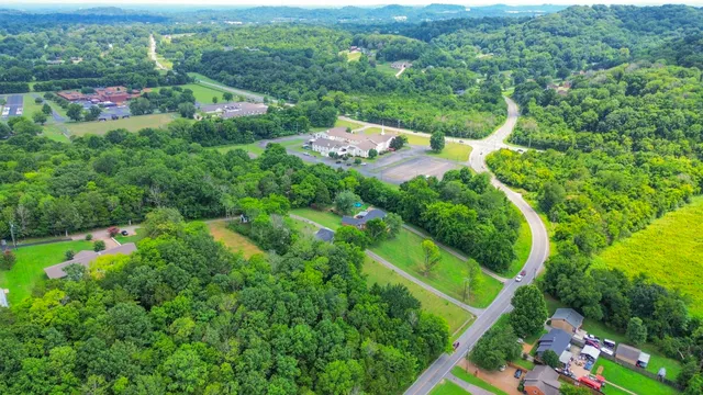 an aerial view of residential houses with outdoor space and trees