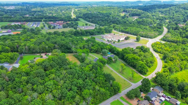 an aerial view of residential houses with outdoor space and trees
