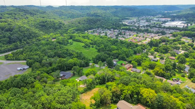 a view of a city and green field