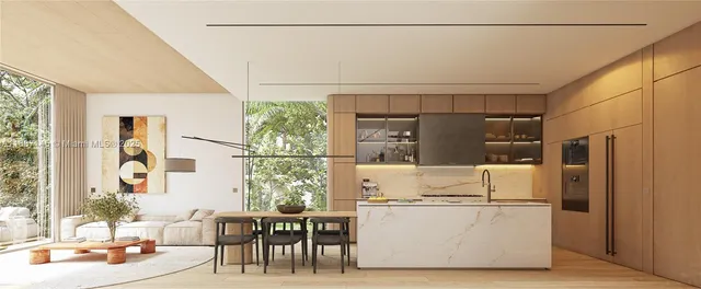 a dining room with a wooden table and chairs