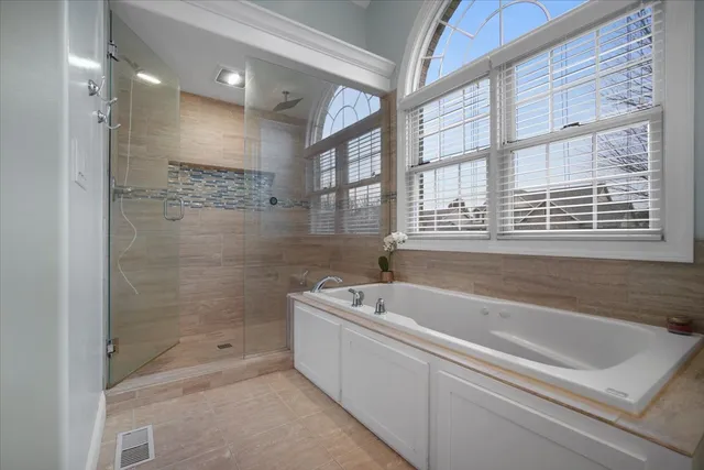 a bathroom with a bathtub and a shower