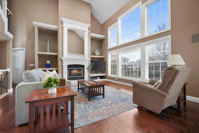 a living room with furniture a fireplace a potted plant and a large window
