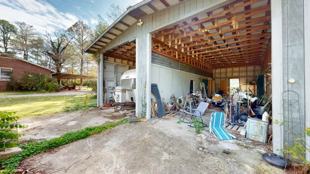 a view of a yard with plants and trees