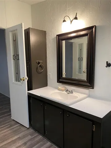 a bathroom with a sink and a mirror