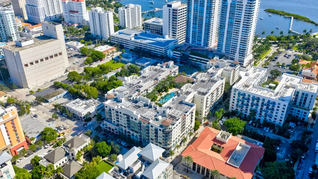 a city view with tall buildings