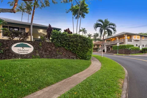 a front view of a house with a yard and potted plants