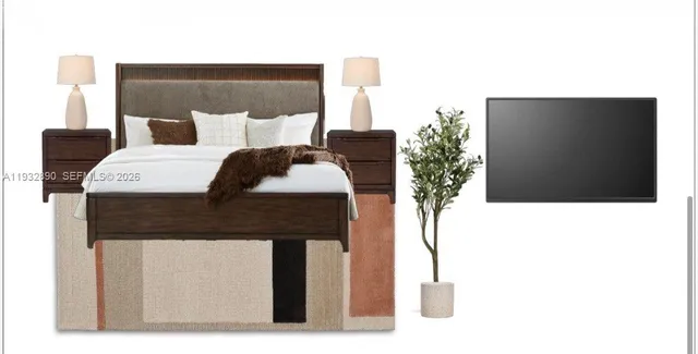 a bedroom with a bed and a potted plant