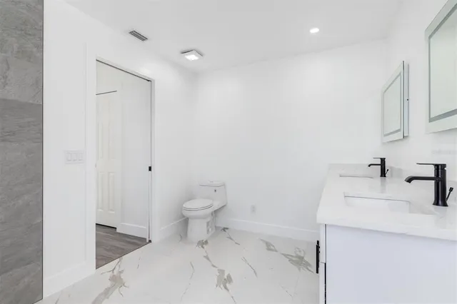 a bathroom with a sink a toilet and a vanity