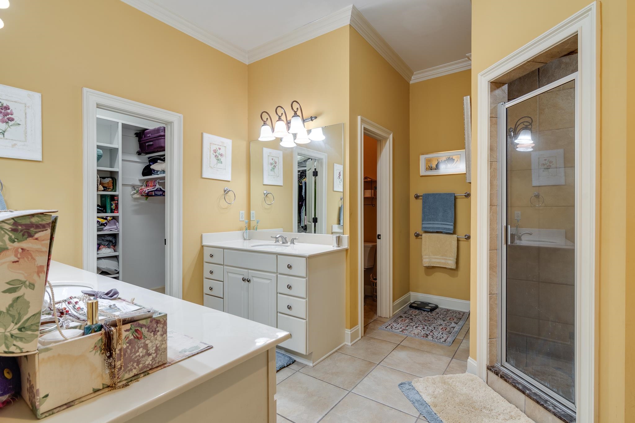 226 North White Station Road Memphis, TN 38117 - Photo 17 of 31 Bathroom featuring tile floors, ornamental molding, walk in shower, and vanity