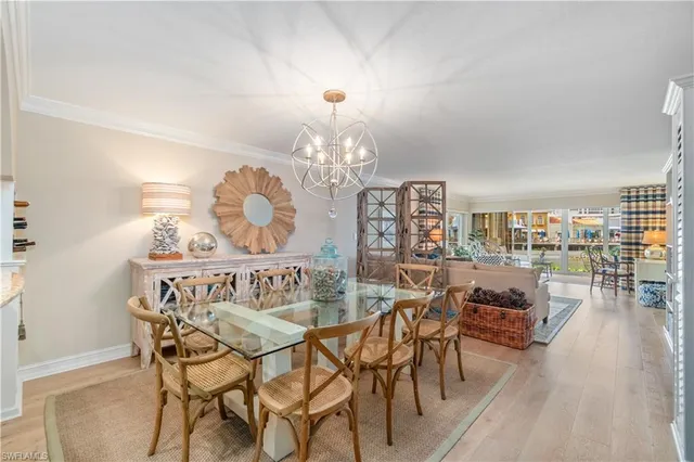 a view of a dining room with furniture wooden floor and chandelier