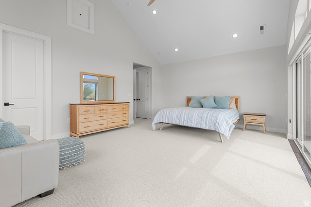 250 South Main Street, Unit 24 Alpine, UT 84004 - Photo 28 of 50 Bedroom featuring light colored carpet, recessed lighting, lofted ceiling, ceiling fan, and access to exterior