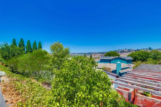 a view of a backyard with plants and a patio