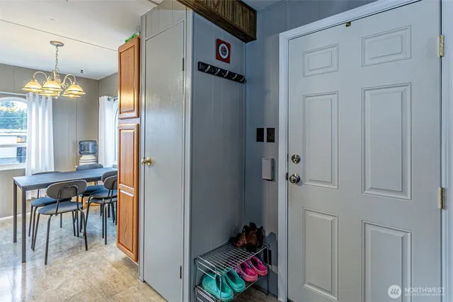 a view of a dining room and a window