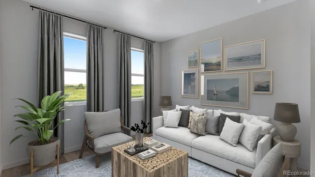a living room with furniture potted plant and a window
