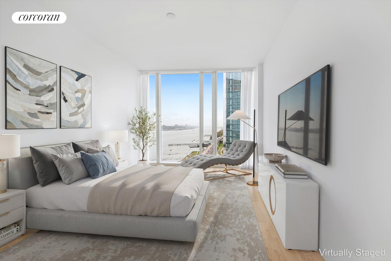 10 Riverside Boulevard, Unit 27C Manhattan, NY 10069 - Photo 6 of 14 a bedroom with a bed and a flat screen tv