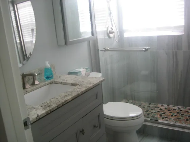 a bathroom with a toilet sink and mirror