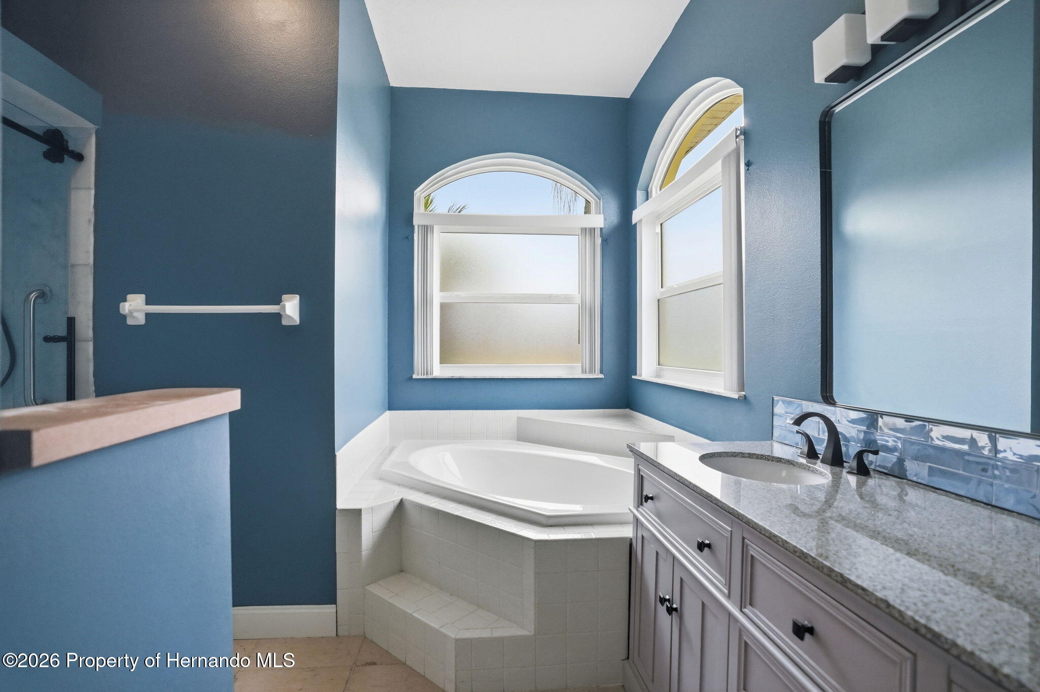 18131 Rivard Boulevard Brooksville, FL 34604 - Photo 28 of 66 a bathroom with a granite countertop sink a mirror and a bathtub
