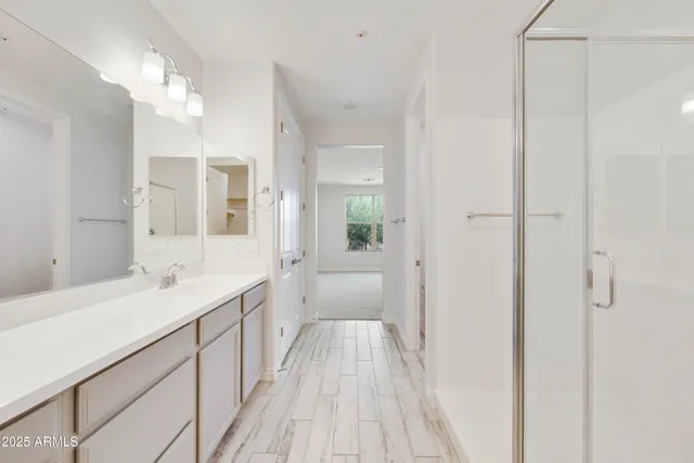 a bathroom with a sink a mirror and a shower