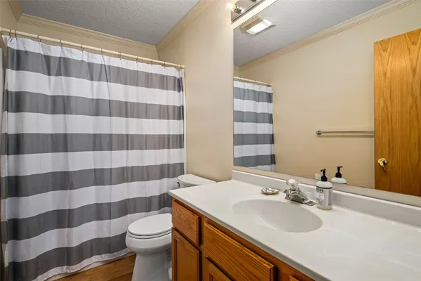 a bathroom with a sink a toilet a mirror and shower curtain