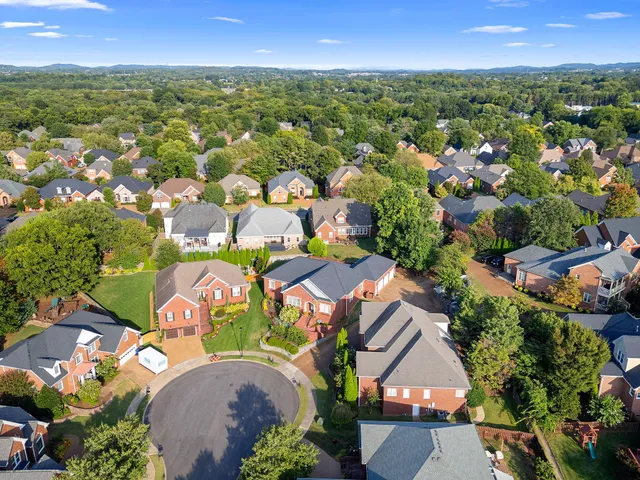 an aerial view of residential houses with outdoor space and trees
