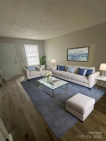 a living room with furniture and a rug