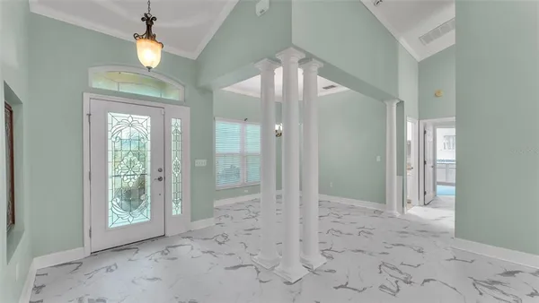 a view of a chandelier in a room