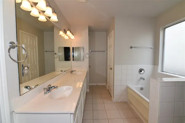 a bathroom with a tub sink and mirror