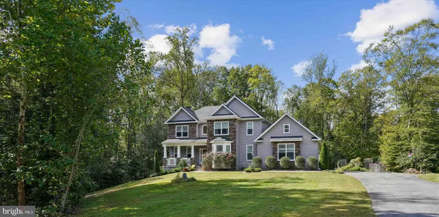 a front view of a house with yard and green space