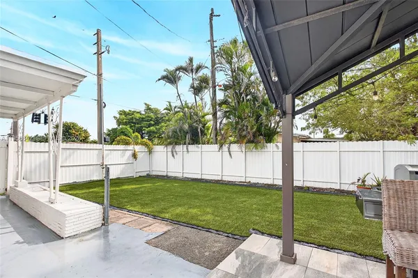 a garden view with a seating space
