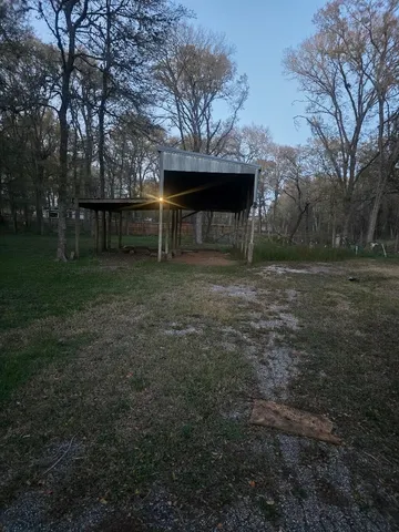 a view of a backyard with large trees