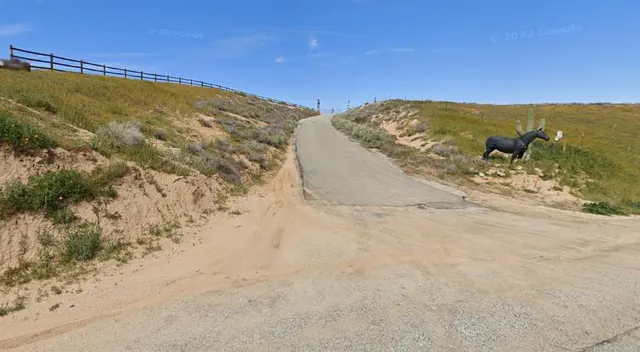 a view of a dry yard with wooden fence