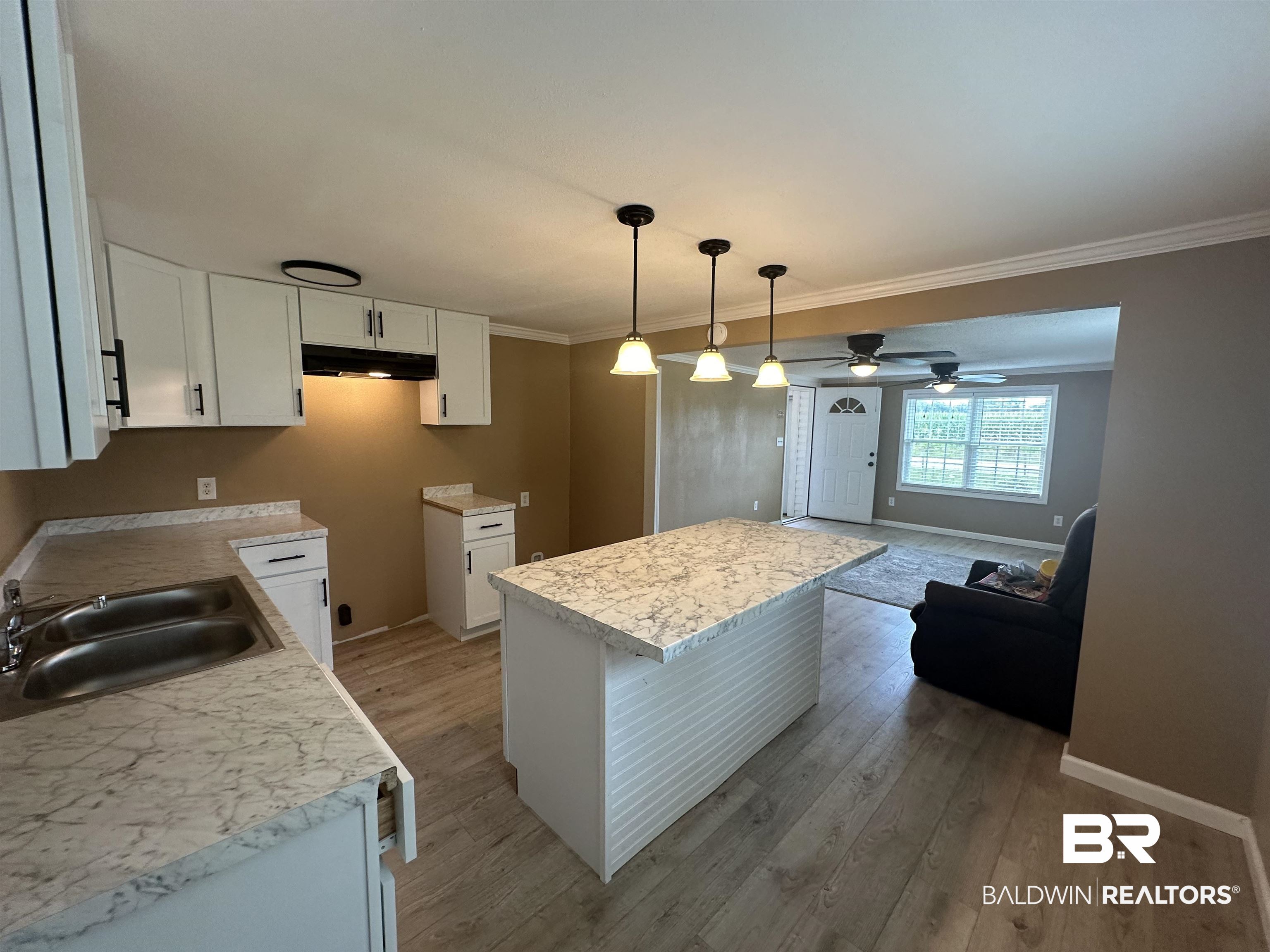 1600 Woods Road Atmore, AL 36502 - Photo 6 of 20 Kitchen with sink, white cabinets, hardwood / wood-style flooring, and ceiling fan