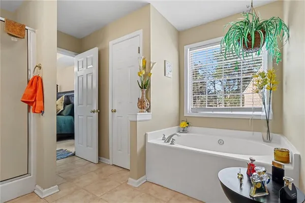 a bathroom with a bathtub and a shower