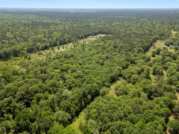 an aerial view of residential houses with outdoor space and trees