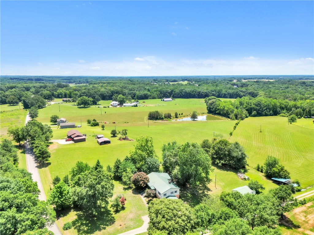 602 Harper Road Pendleton, SC 29670 - Photo 28 of 32 An aerial perspective reveals a private home nestled amidst verdant fields and mature trees, offering tranquil rural living.