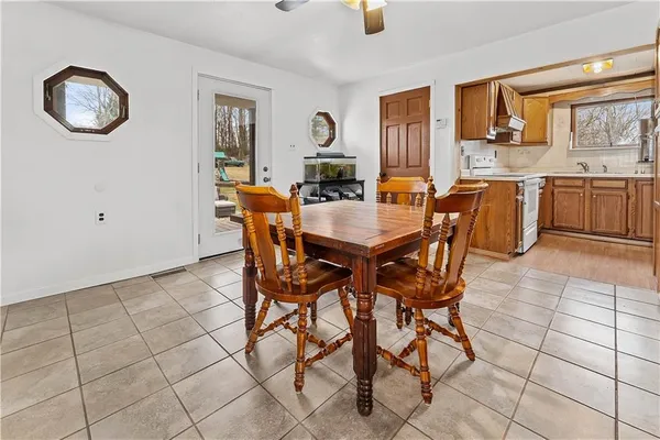 a view of a dining room with furniture