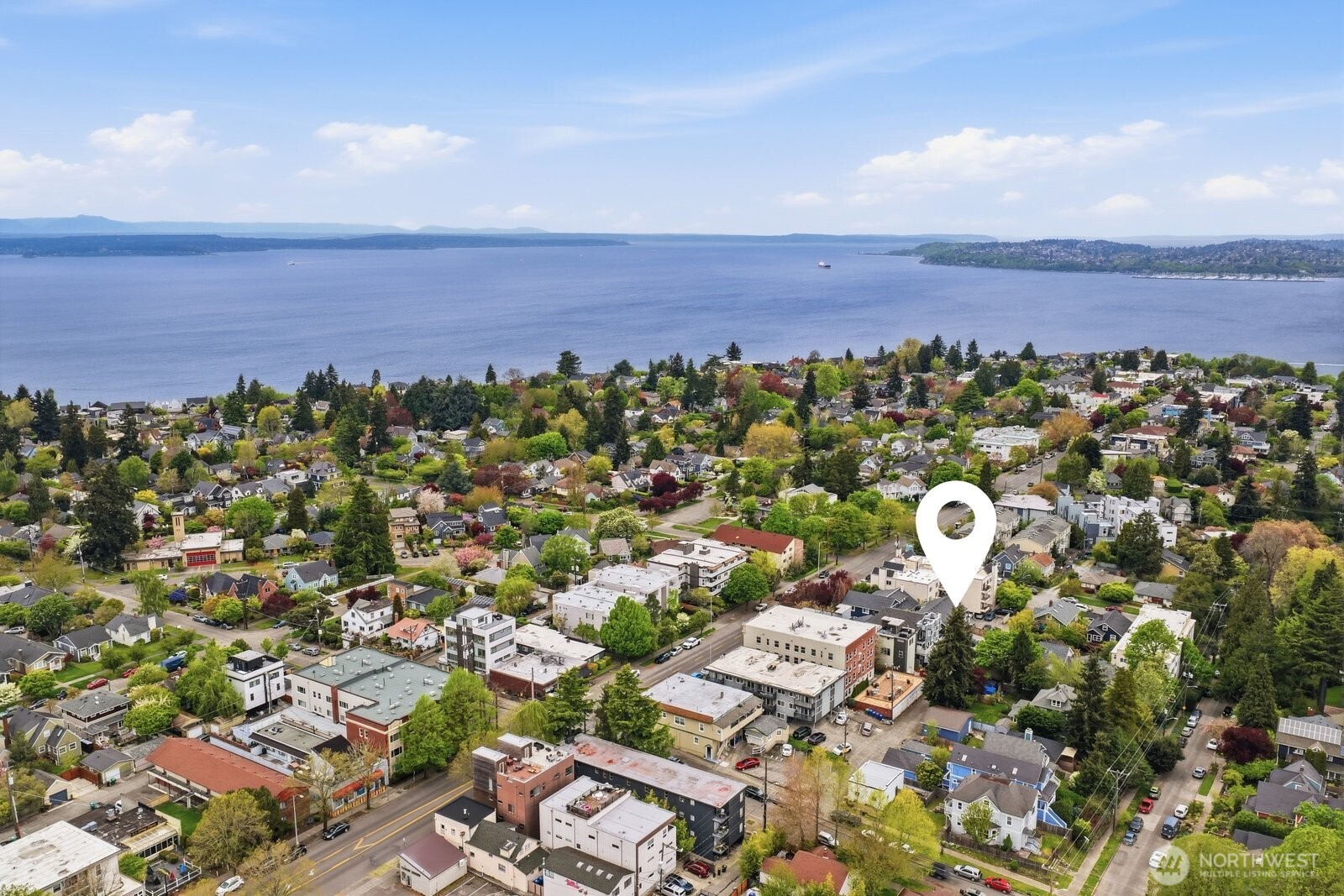 2116 California Avenue Southwest, Unit 201 Seattle, WA 98116 - Photo 30 of 33 an aerial view of a house with a swimming pool yard and mountain view in back