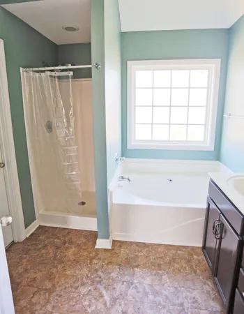 a bathroom with a bathtub and a shower