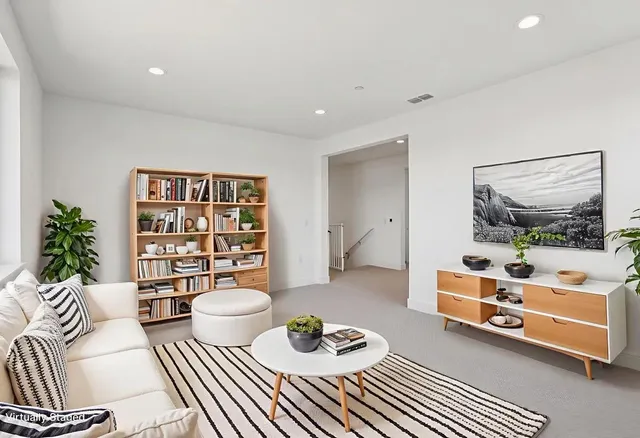 a workspace with furniture and book shelf