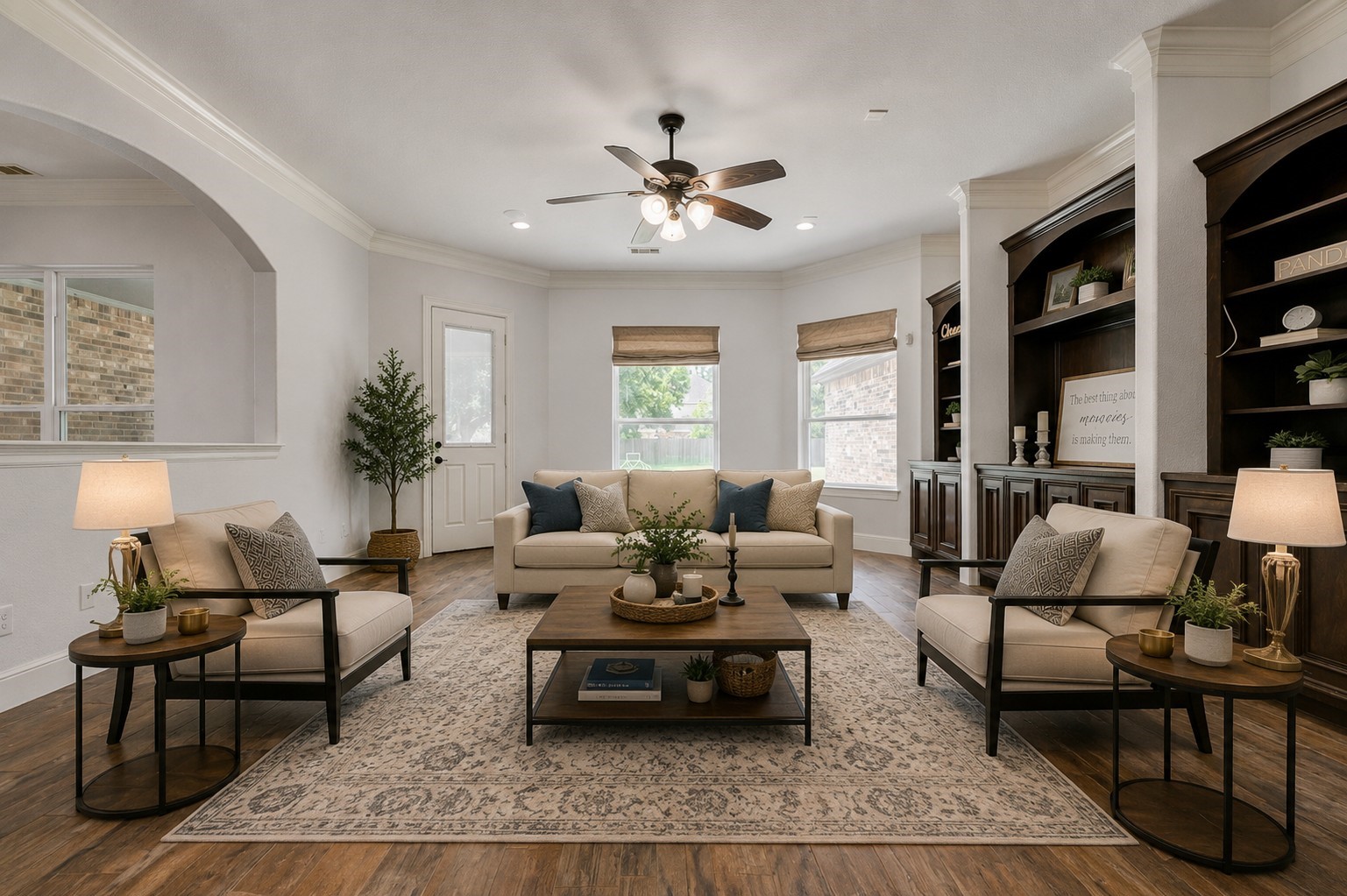 5327 Whitmore Fulshear, TX 77441 - Photo 10 of 50 Designed for comfortable living and effortless entertaining, the spacious family room features custom built-in cabinetry, surround sound wiring, and seamless access to the kitchen and breakfast area. *This photo is virtually staged.