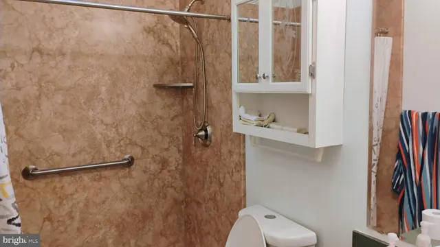 a bathroom with a shower toilet and sink