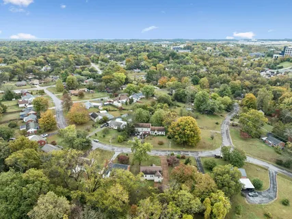an aerial view of residential houses with outdoor space and trees
