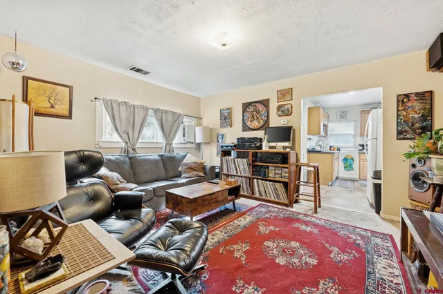 a living room with furniture a rug and a window