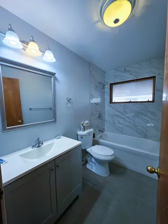 a bathroom with a double vanity sink toilet and shower