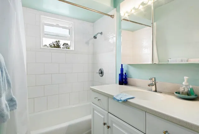 a bathroom with a sink a mirror and a shower