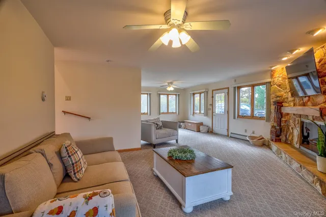 a living room with fireplace furniture and a flat screen tv