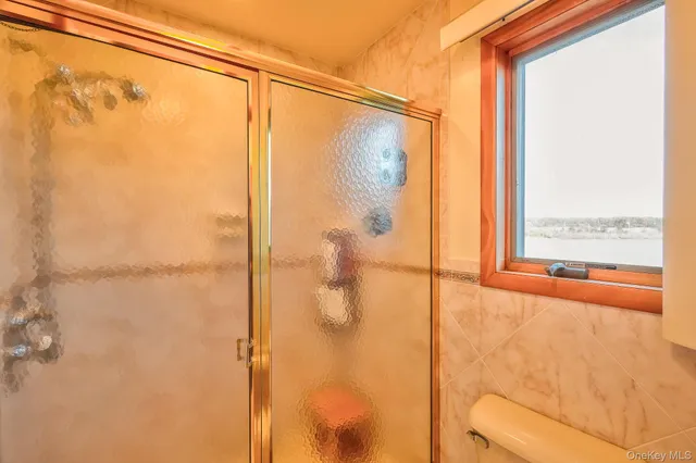 a bathroom with a shower and a window