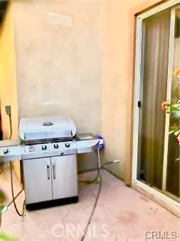 a room with a stove and a table